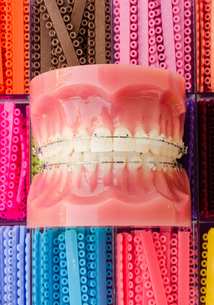 metal braces on mouth model with colored options behind it